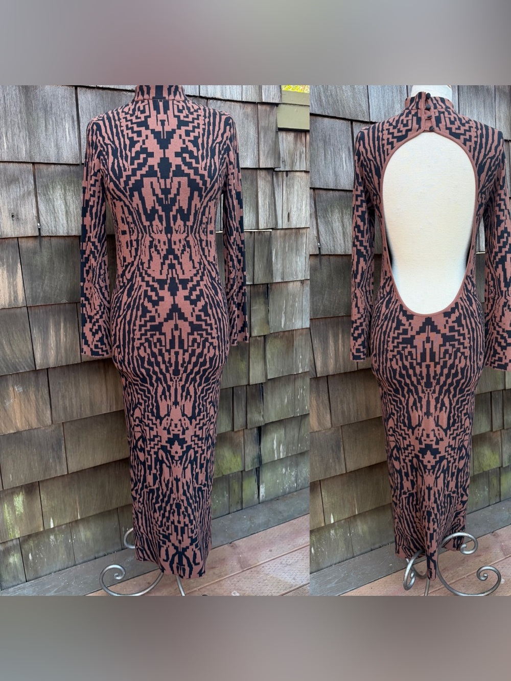 Hayley Menzies sexy maxi dress open back knit Aztec tiger brown black print Sz M